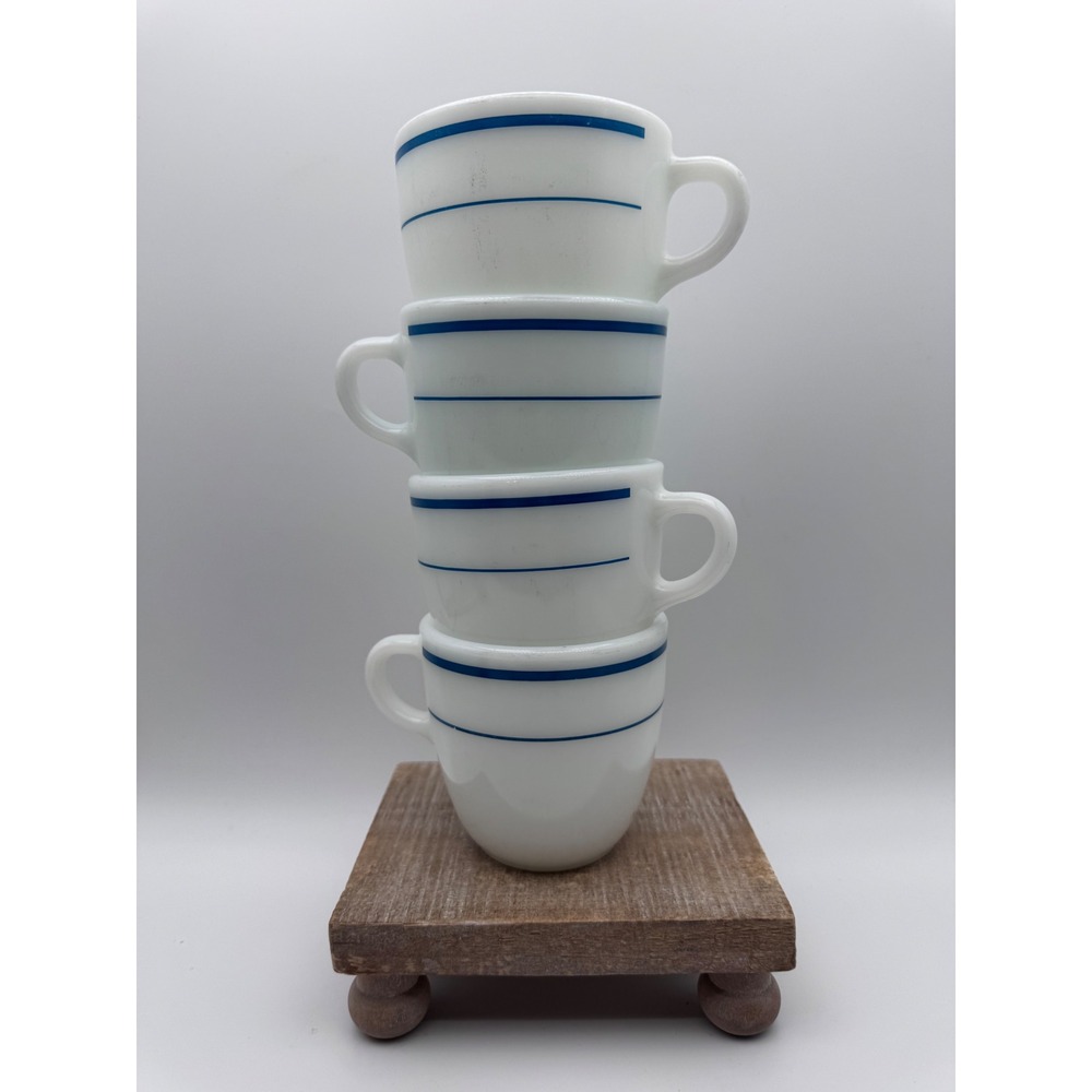 Pyrex Blue Double Band Milk Glass Mugs Set of 4 Corning Tableware 723-20 Vintage